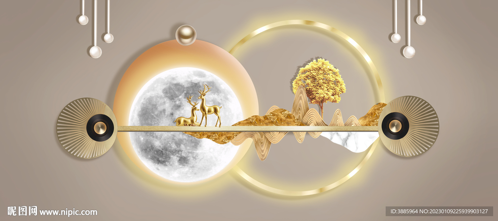 轻奢装饰画 麋鹿 月亮叶子图片
