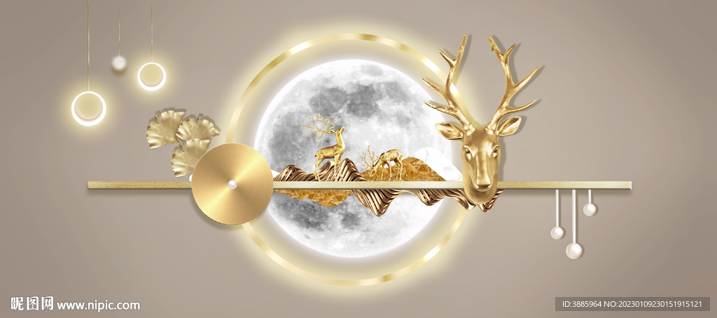 新中式金色抽象麋鹿山水床头画图