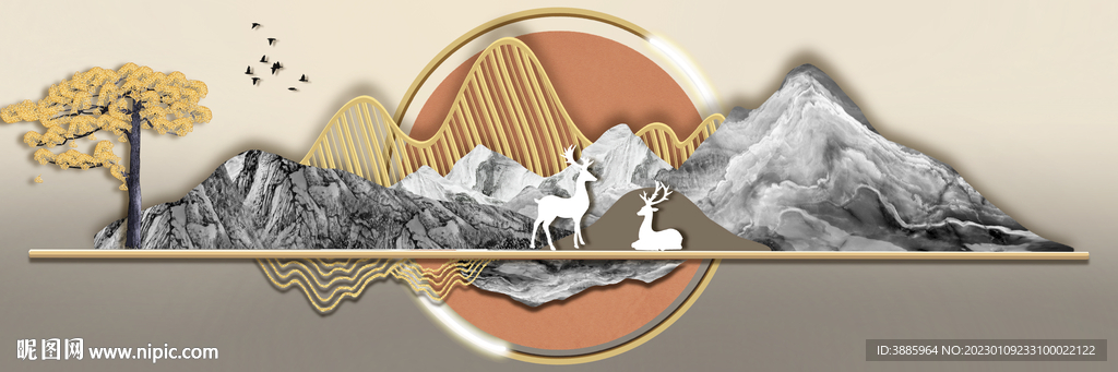 新中式金色抽象麋鹿山水床头画图