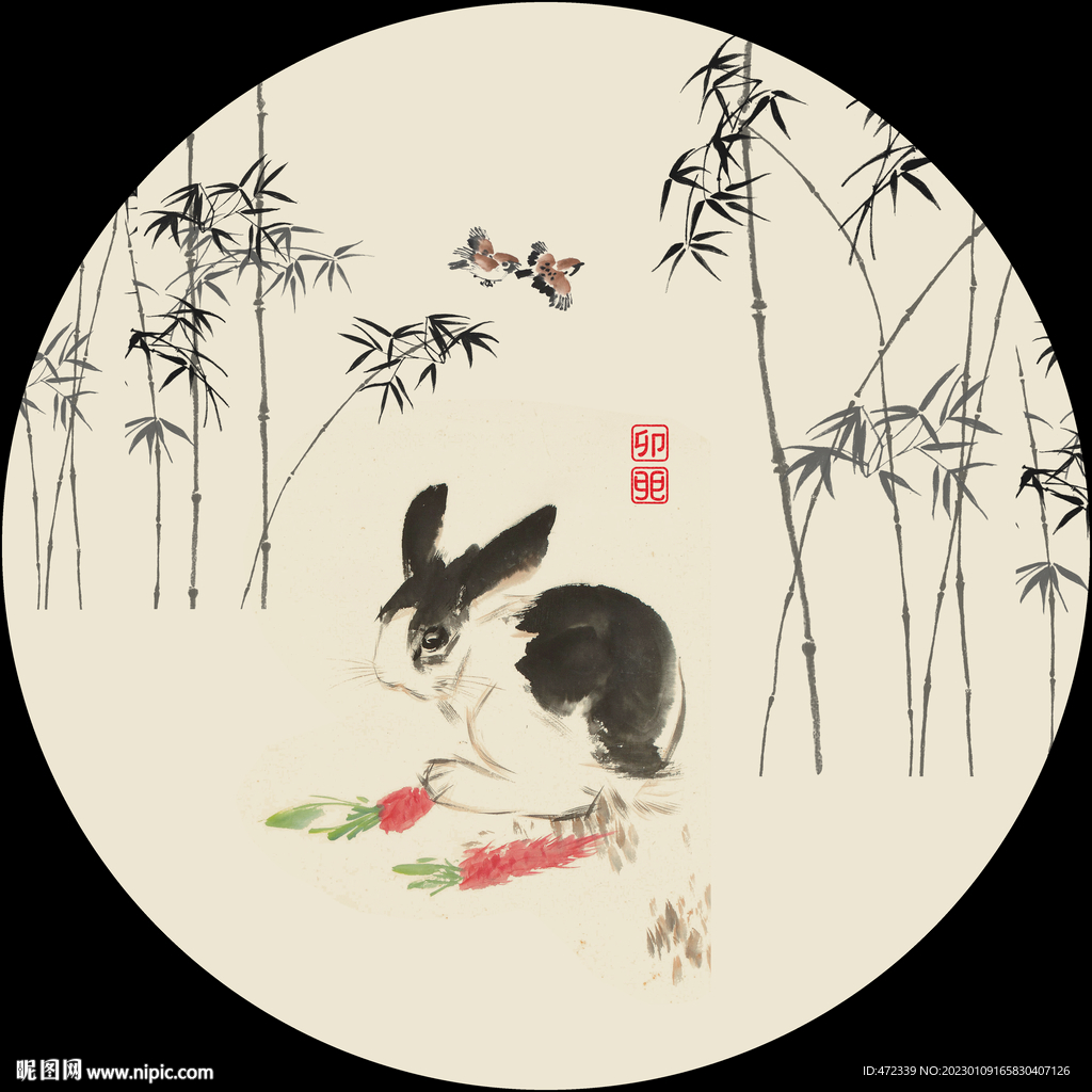 新中式兔子手绘国画装饰画