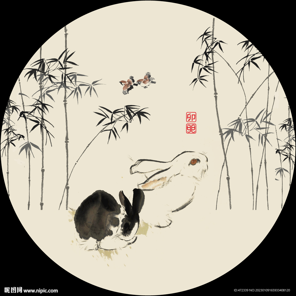 新中式兔子手绘国画装饰画