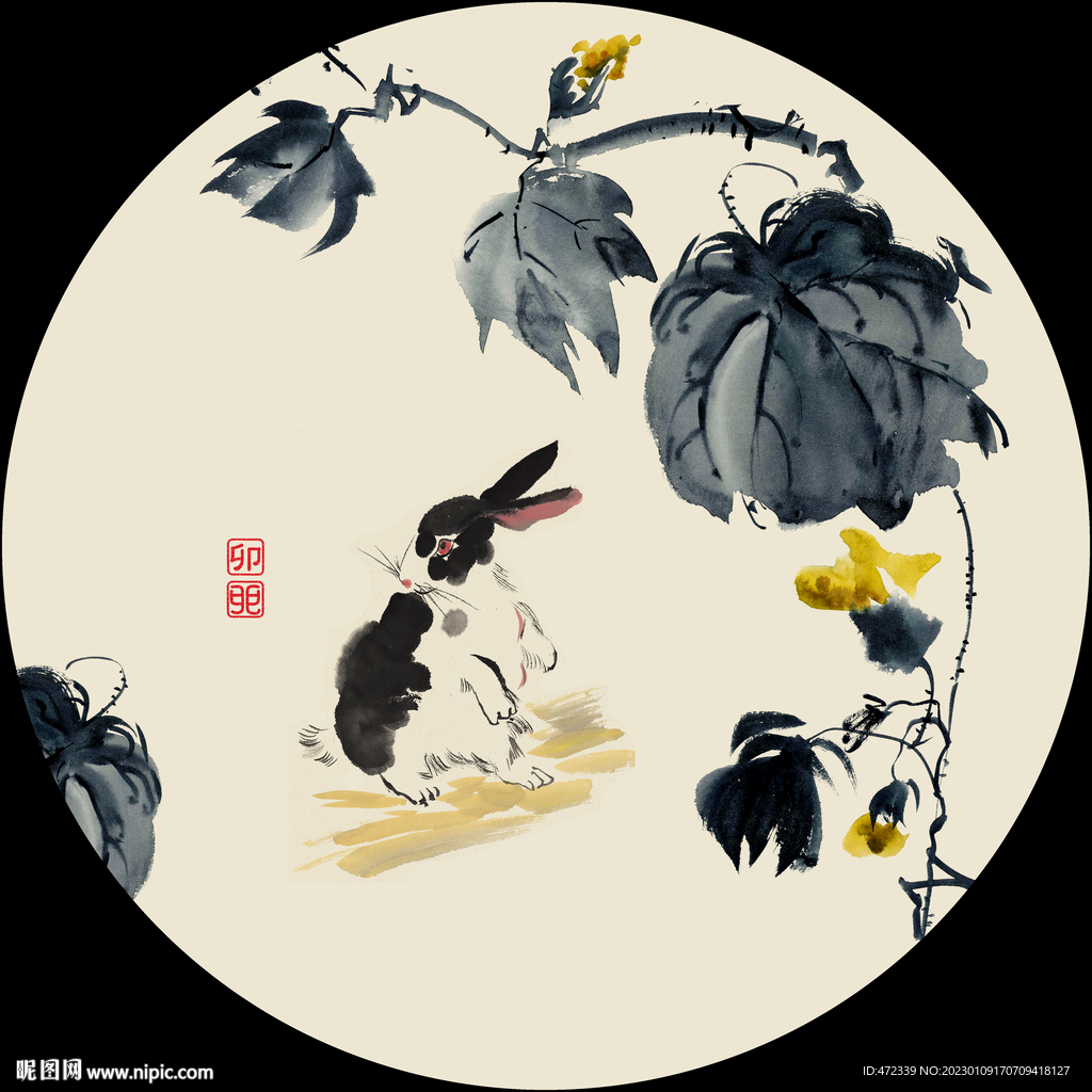 新中式兔子手绘国画装饰画