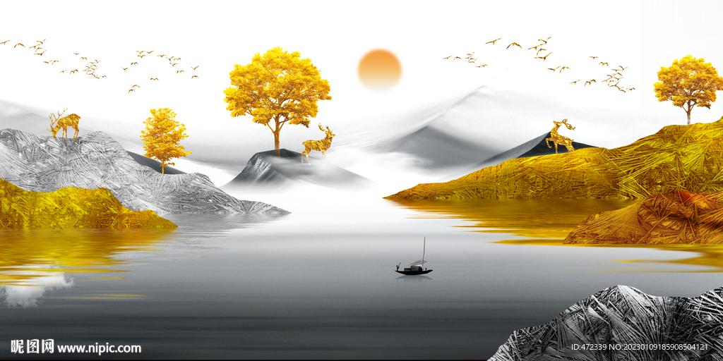 新中式山水麋鹿装饰画