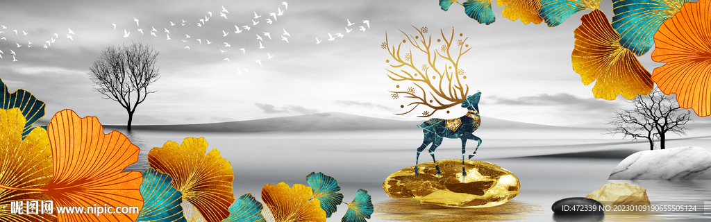 新中式山水麋鹿装饰画