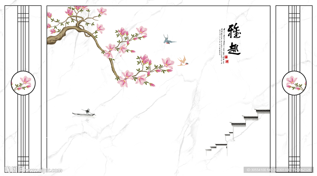 新中式轻奢大理石背景墙古典花鸟