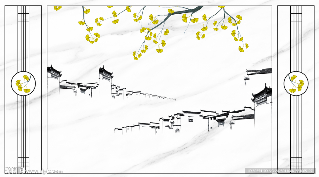 爵士白石纹银杏山水背景墙图片