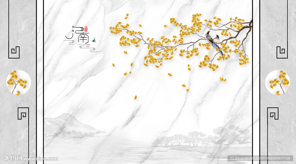 爵士白石纹银杏山水背景墙图片