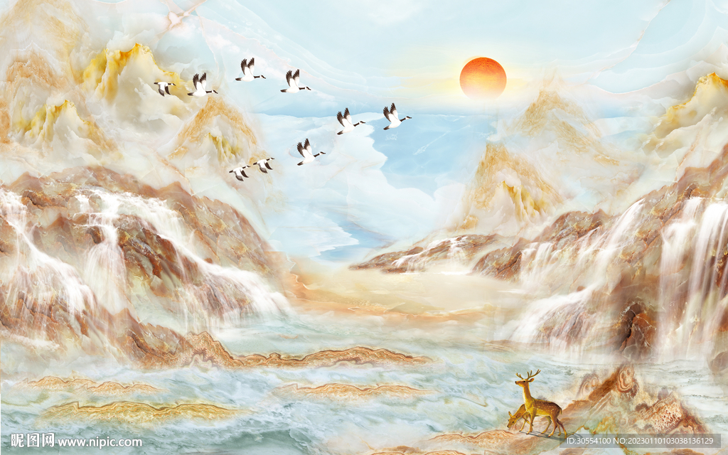 大理石纹山水电视背景墙