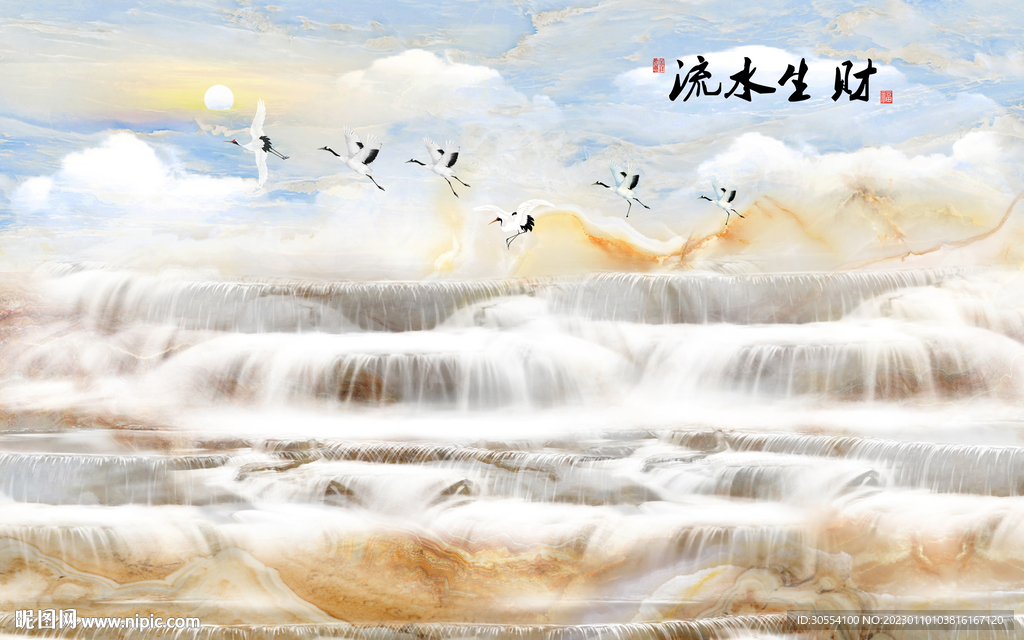 流水生财大理石纹山水背景墙图片