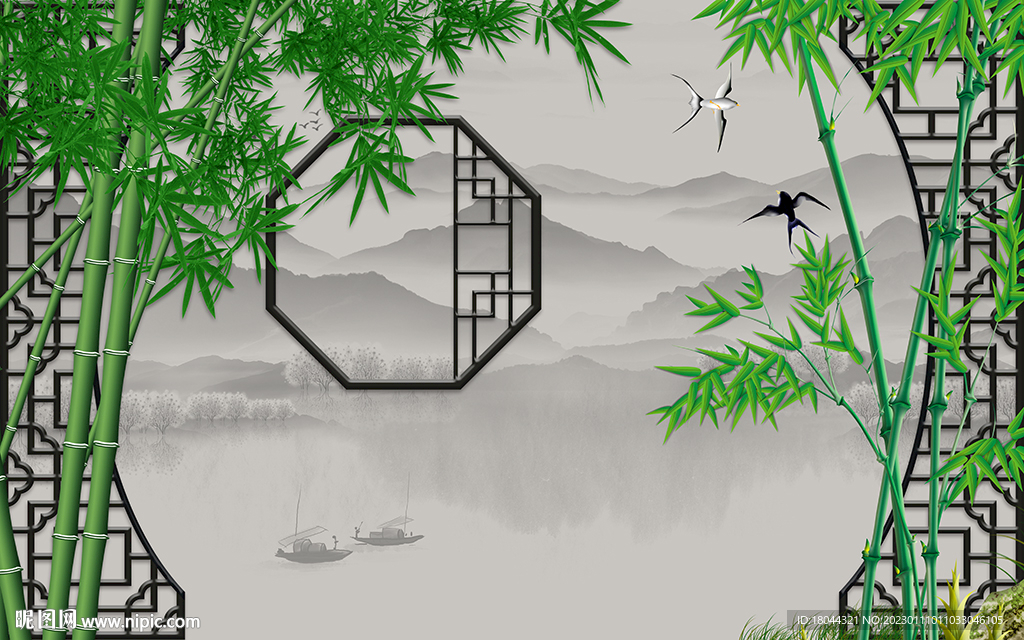 新中式竹报平安电视背景墙