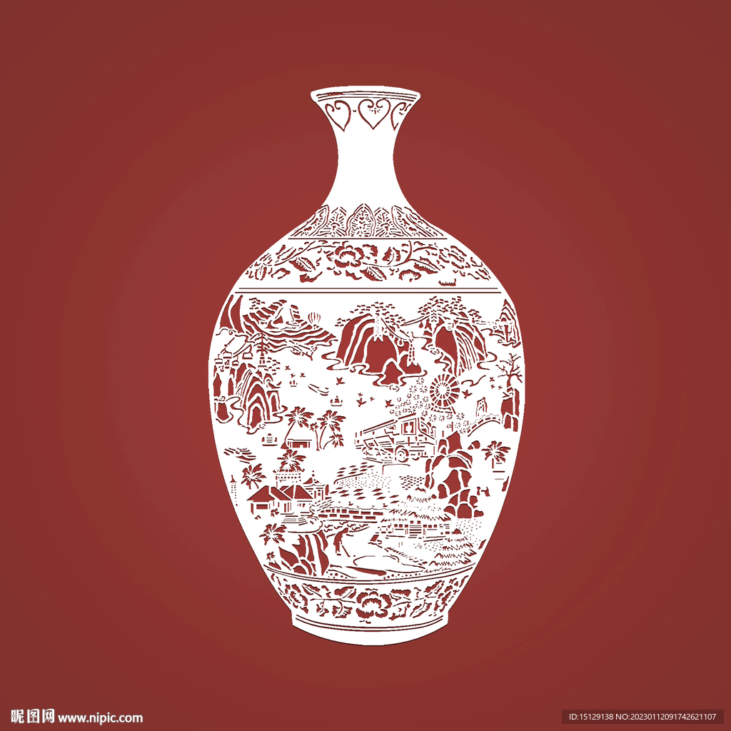 山水纹花瓶剪纸