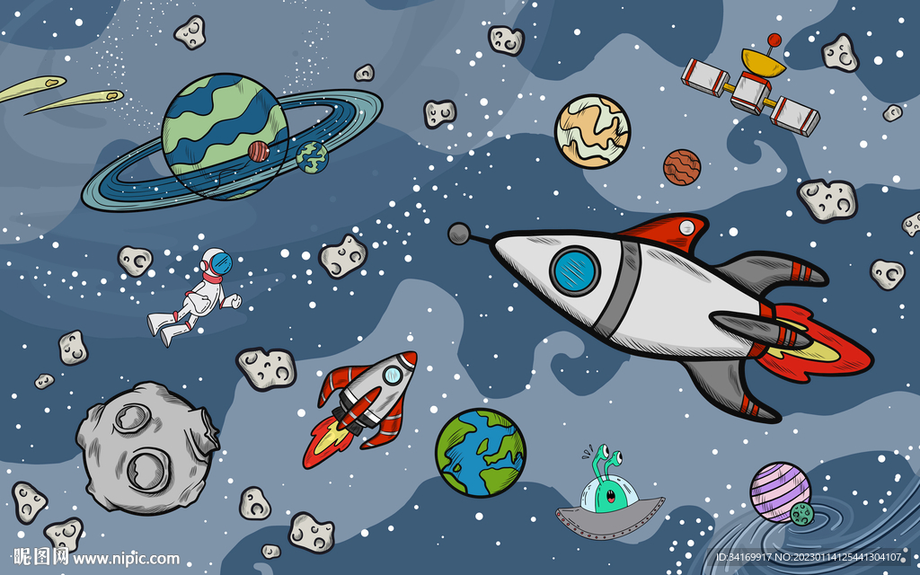 手绘火箭卡通太空星球宇宙背景墙