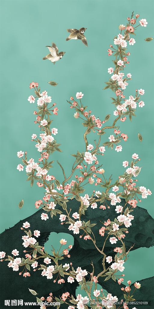 新中式工笔花鸟海棠玄关装饰画