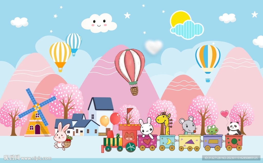 卡通儿童动物风景插画背景墙