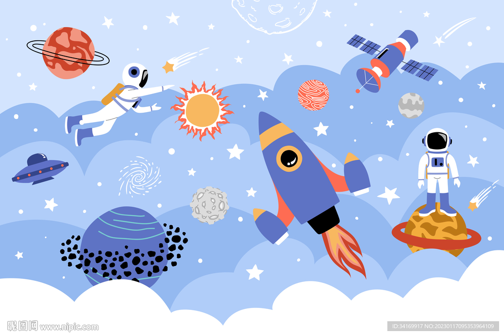 手绘火箭卡通宇航员太空星球背景