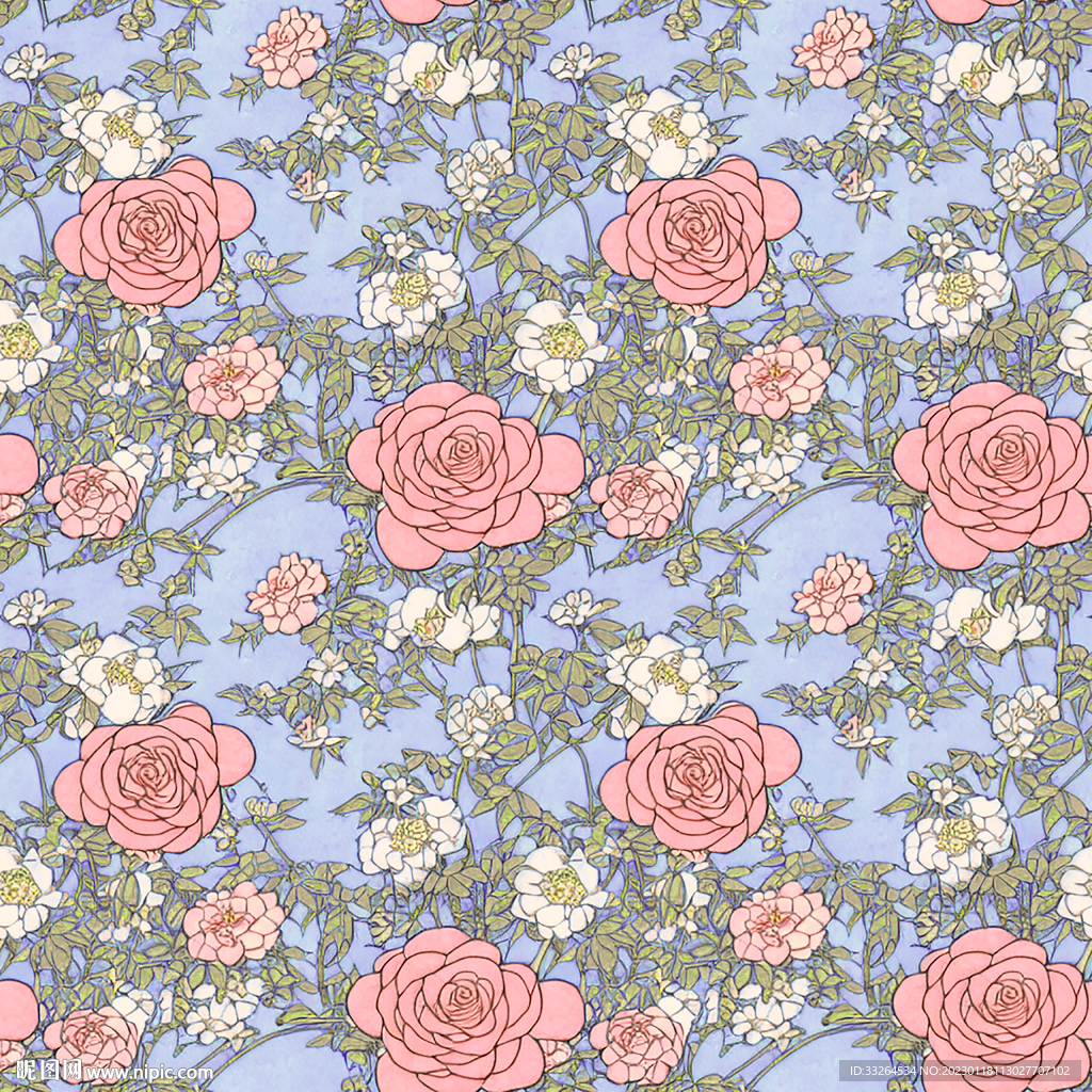 四方连续复古玫瑰花图案