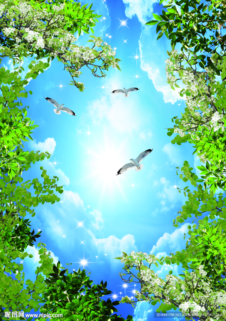 蓝天白云绿叶大雁
