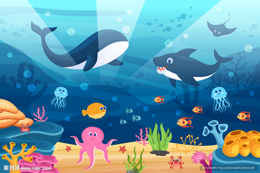 卡通海豚鲨鱼海底世界珊瑚背景墙