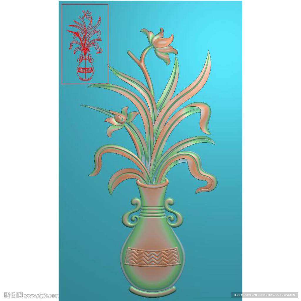 兰花花瓶背板精雕图灰度图浮雕图