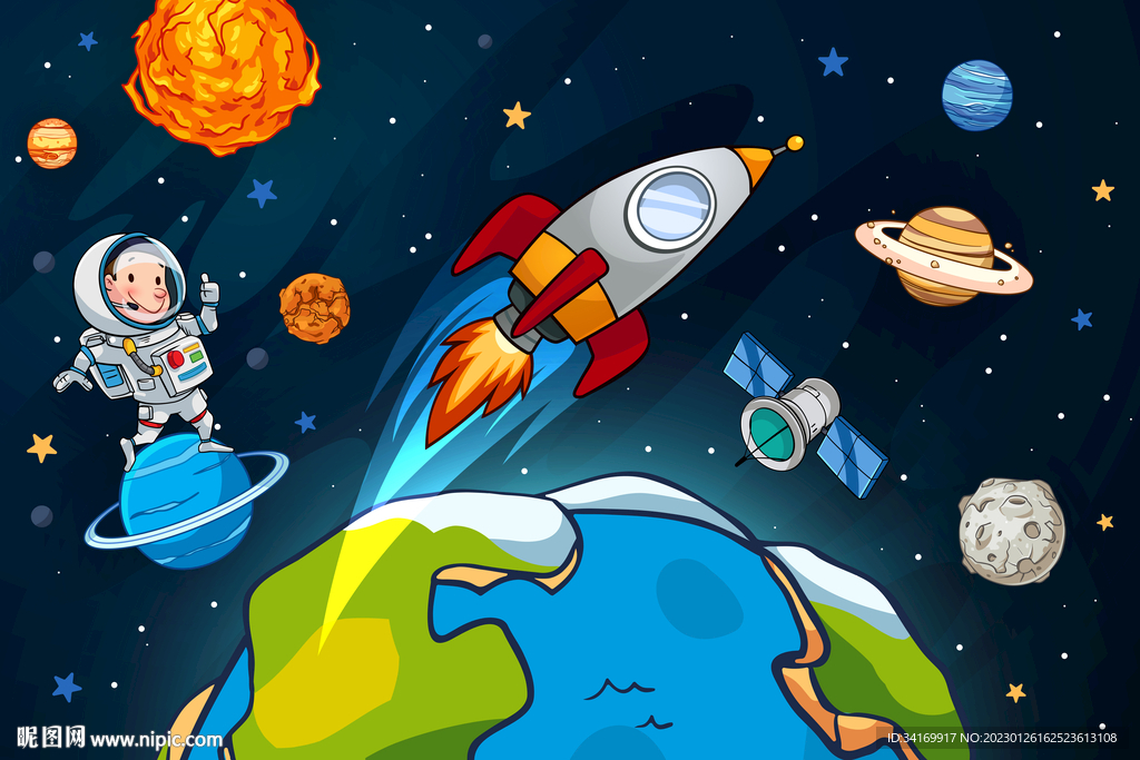 卡通火箭星球手绘宇航员太空背景