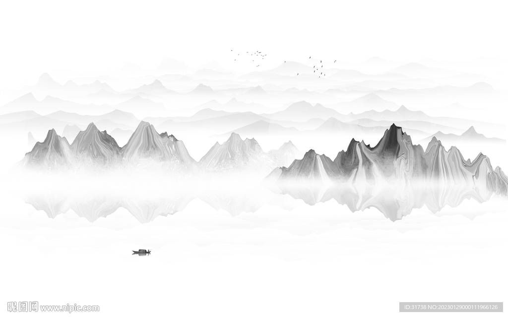 意境水墨山水画背景墙