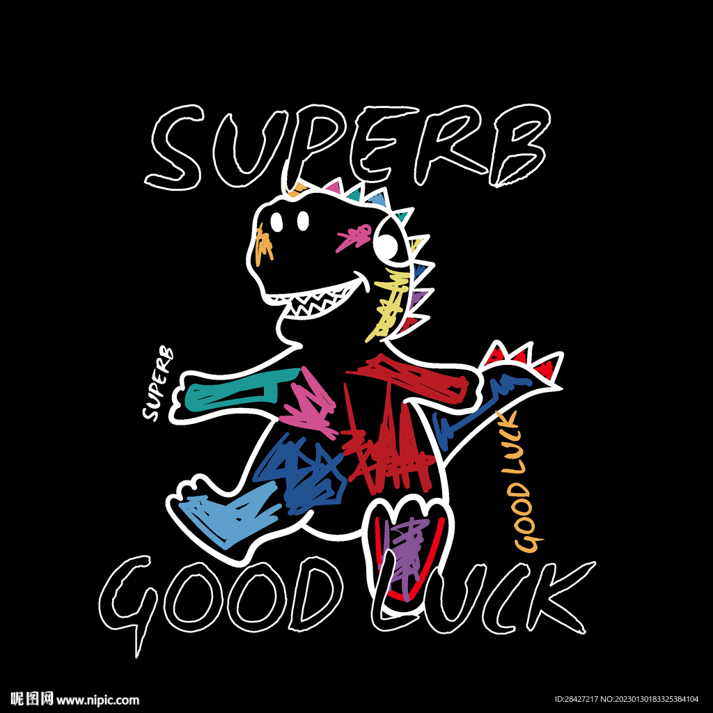 彩色涂鸦恐龙印花图案