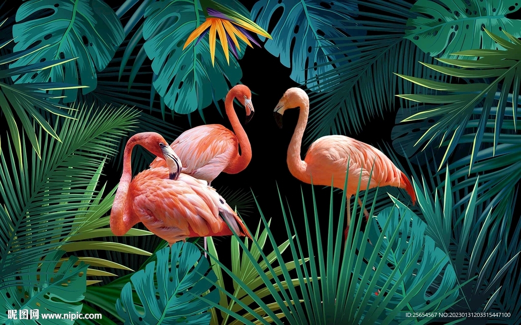 手绘热带植物火烈鸟背景墙