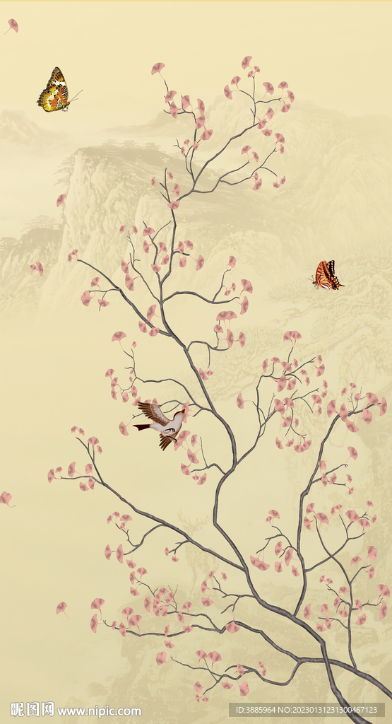 新中式花鸟梅花玄关背景图片