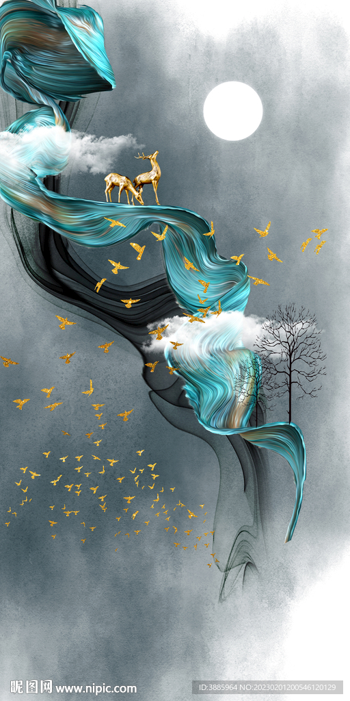 丝带发财树玄关装饰画图片