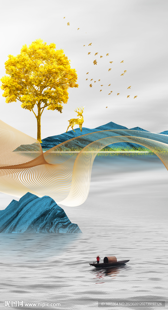 新中式轻奢发财树发财鹿装饰画图