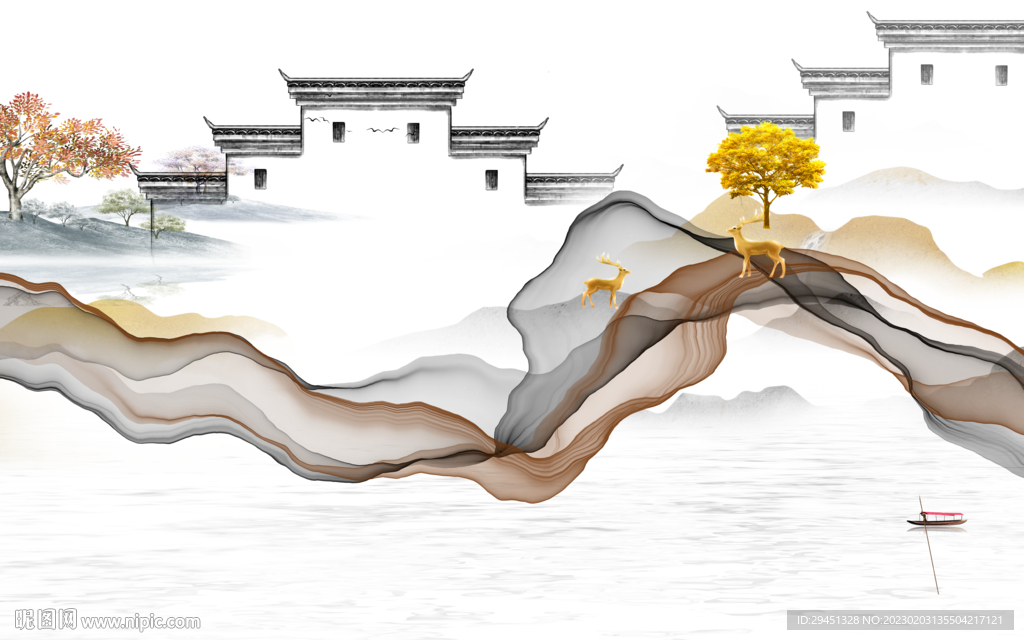 沙发 高端山水墙画 tif分层