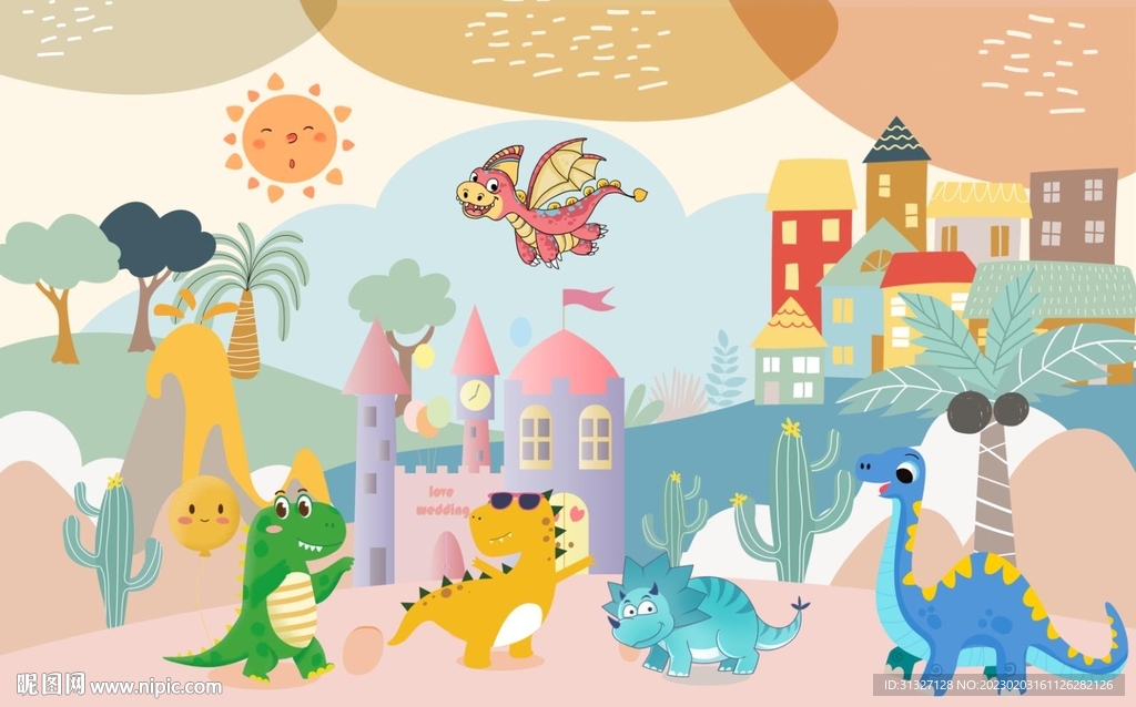 儿童房手绘恐龙背景墙图片