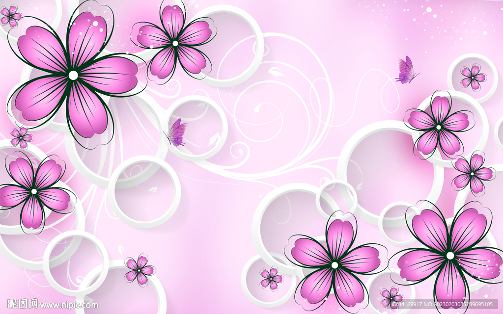 粉色花卉圆圈3D立体电视背景墙