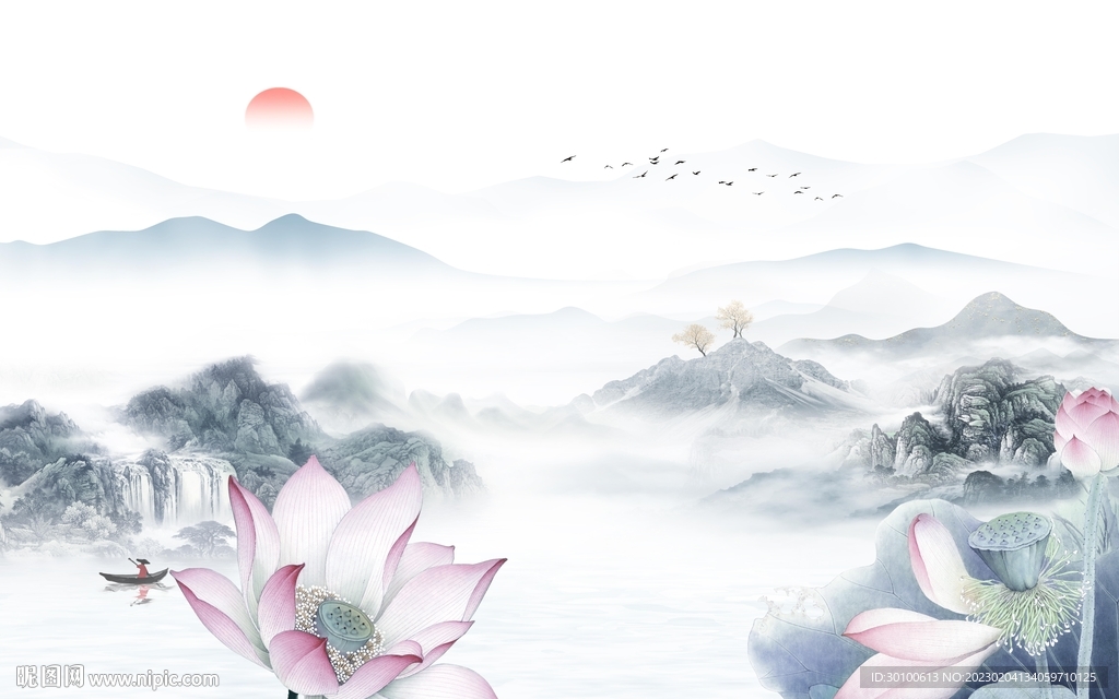 荷花 高端背景山水 Tif分层