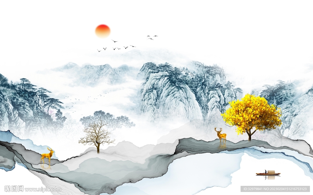 爆款 新款中式山水 tif分层