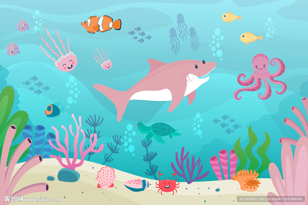 手绘鲨鱼卡通海底世界珊瑚背景墙