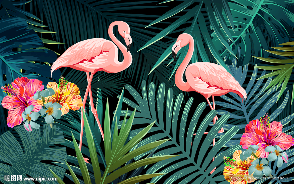 手绘热带植物火烈鸟背景墙