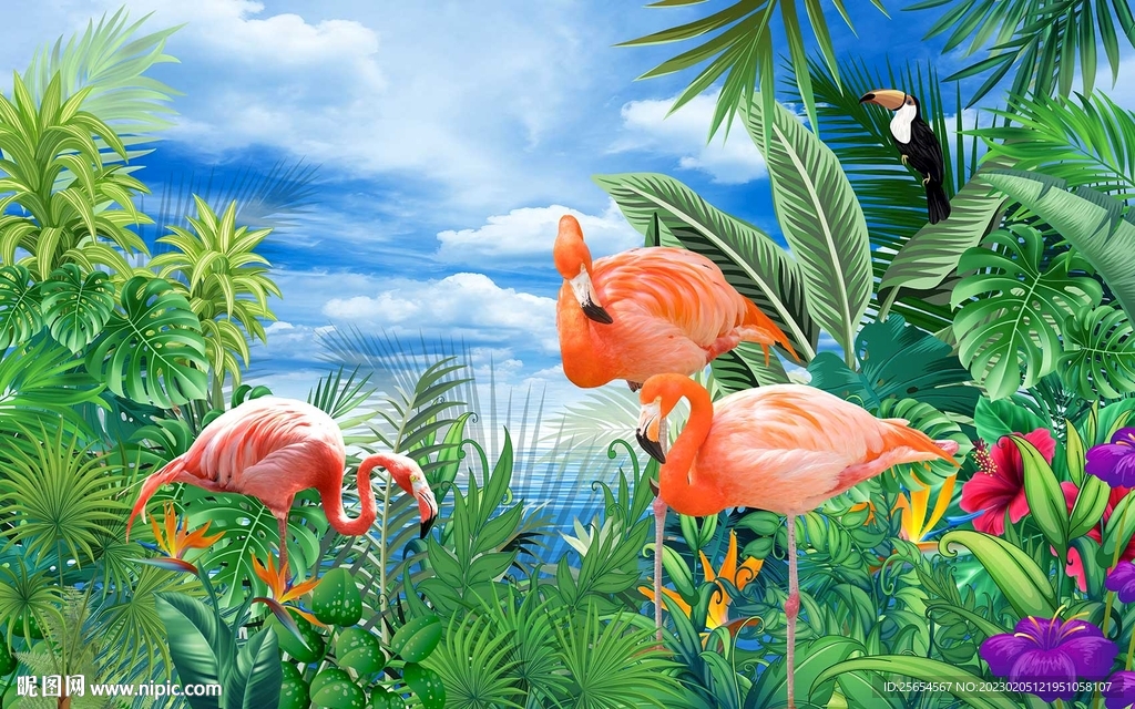 简约雨林芭蕉叶火烈鸟背景墙