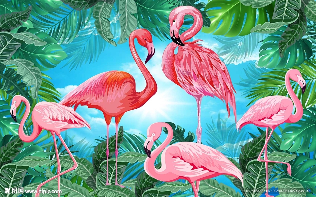 清新绿色植物火烈鸟背景墙