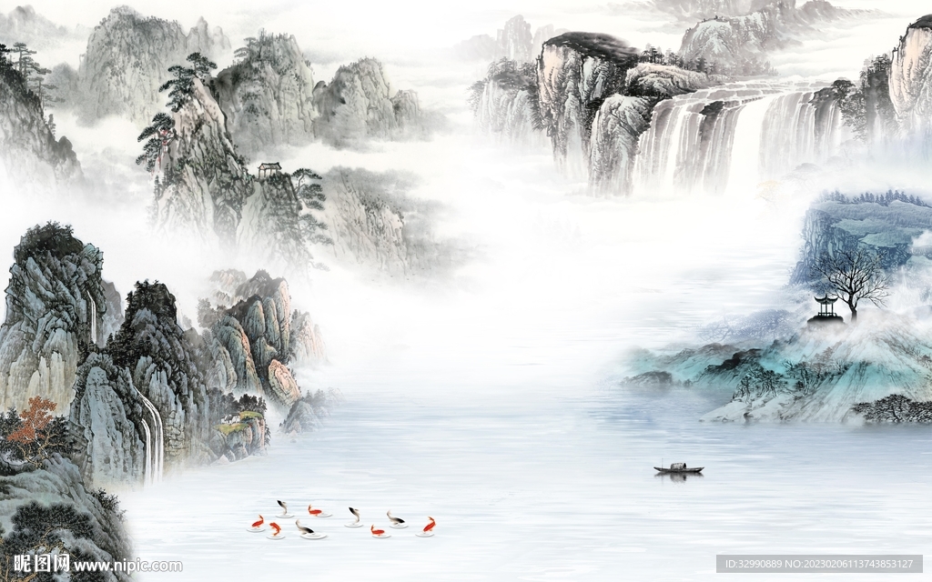 高端 山水画背景墙 TIf分层