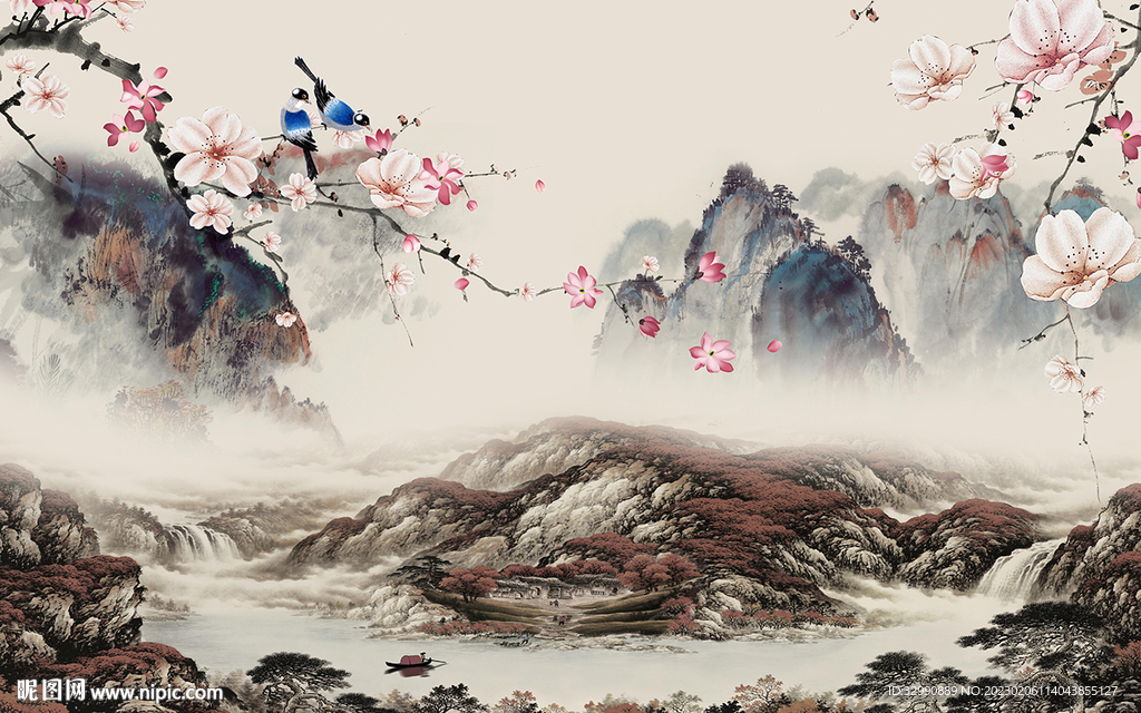 高清 山水画背景墙 TIf分层