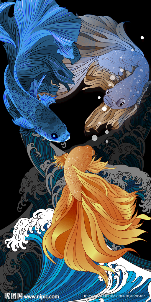 新中式斗鱼金鱼玄关背景墙