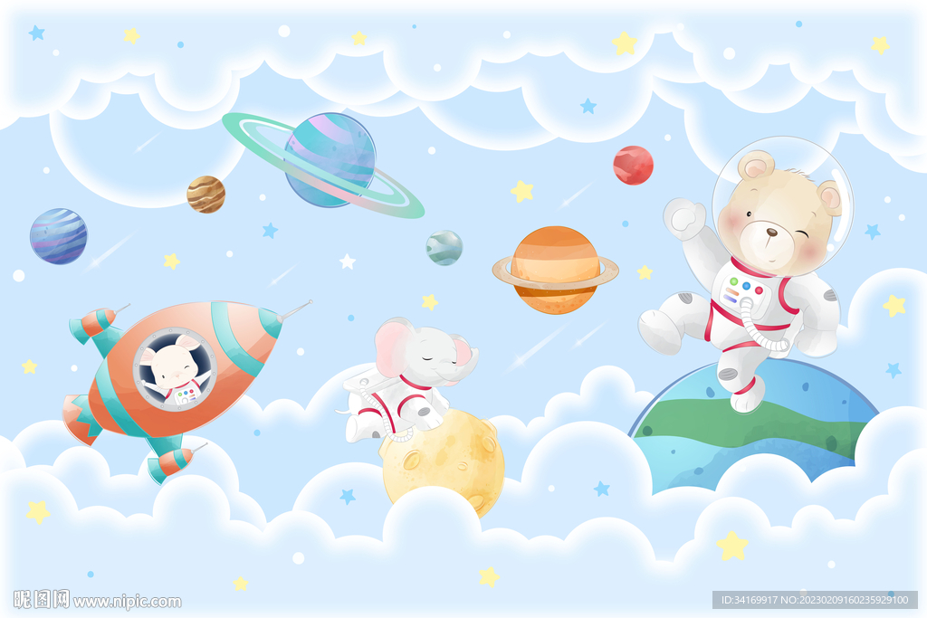 卡通宇航员外太空星球儿童背景墙