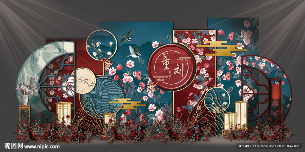 红蓝寿宴婚礼背景花鸟老人生日