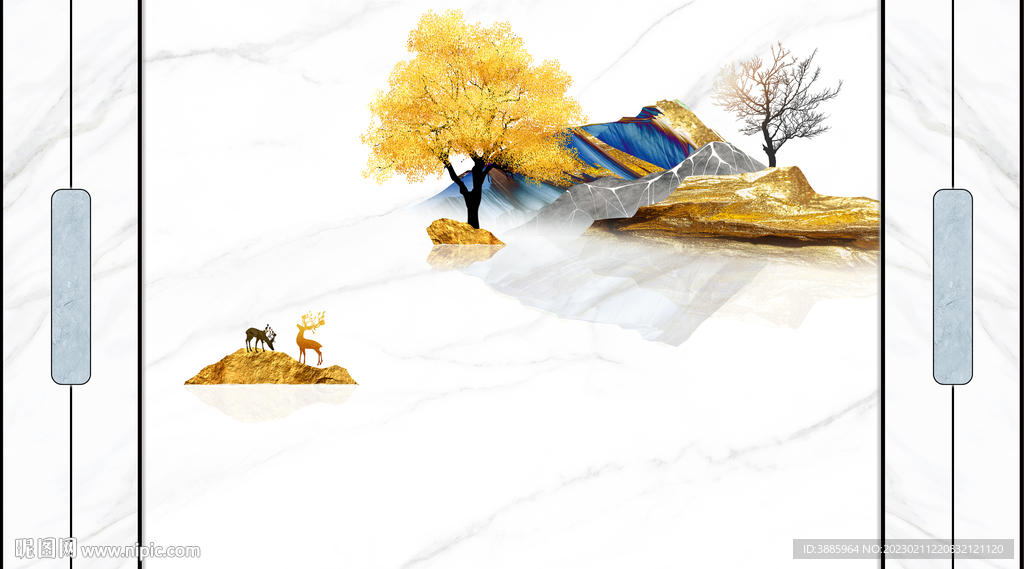 新中式大理石飘带麋鹿山水背景墙