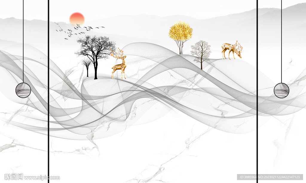 新中式烟雾飘带线条大理石爵士白