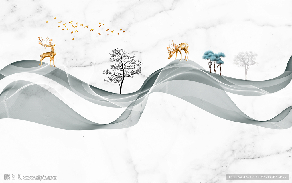 新中式大理石飘带麋鹿山水背景墙