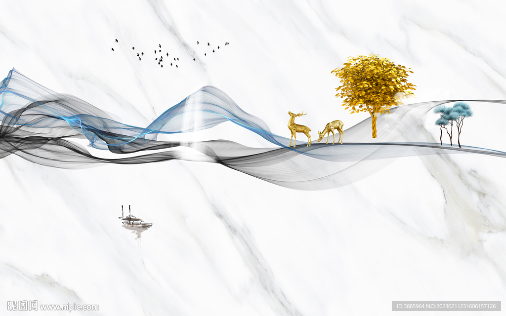 新中式大理石飘带麋鹿山水背景墙