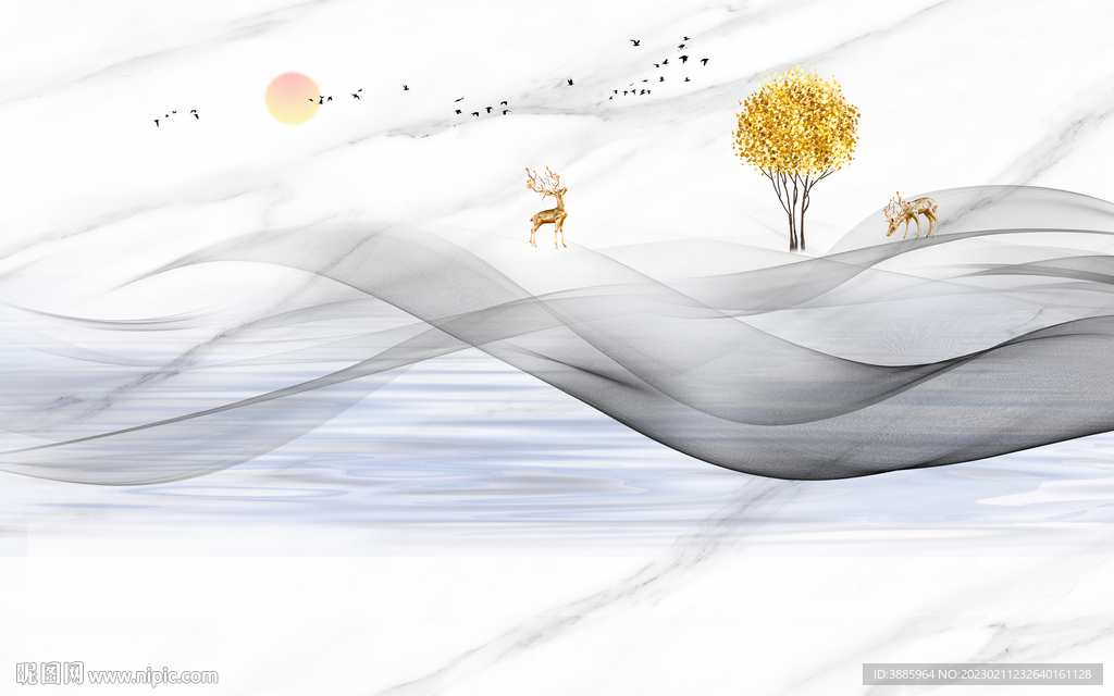 新中式大理石飘带麋鹿山水背景墙