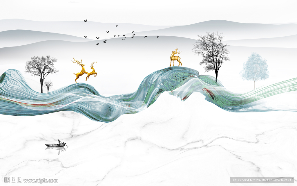 新中式大理石飘带麋鹿山水背景墙